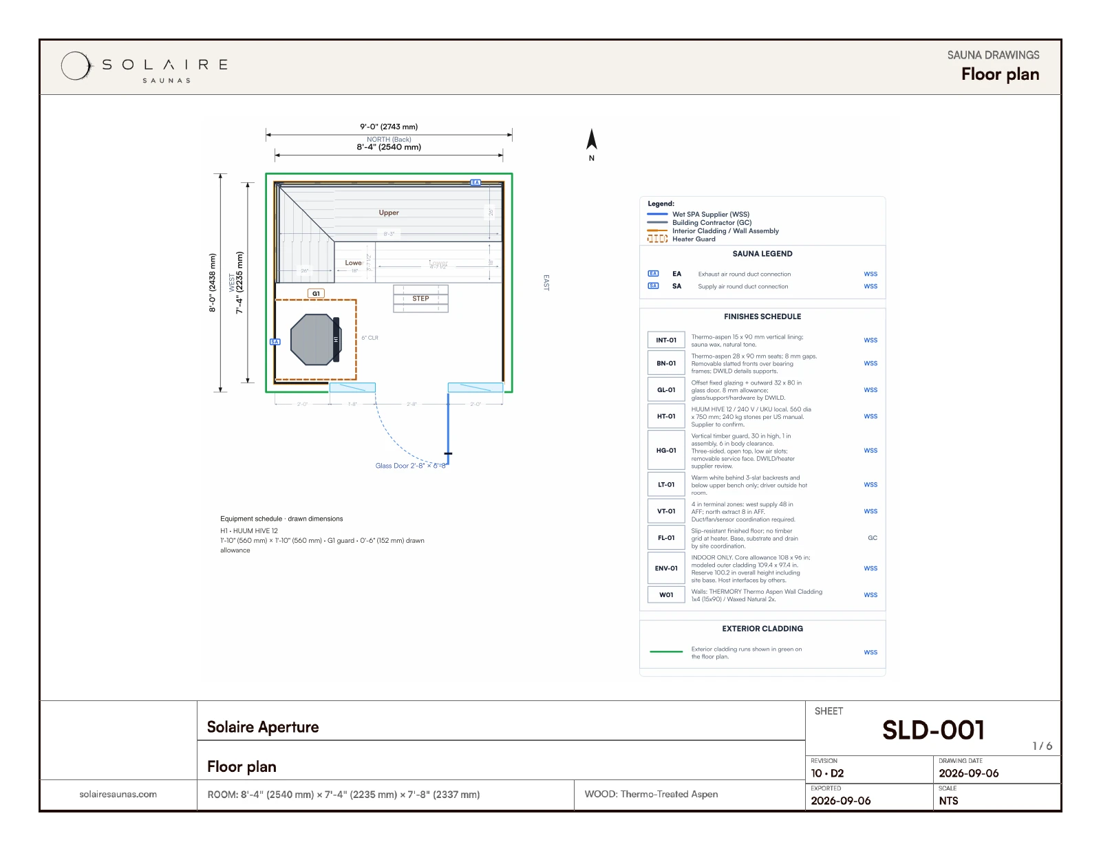 Dimensioned floor plan of the Solaire Aperture with L-shaped benches, entry, heater and equipment schedule