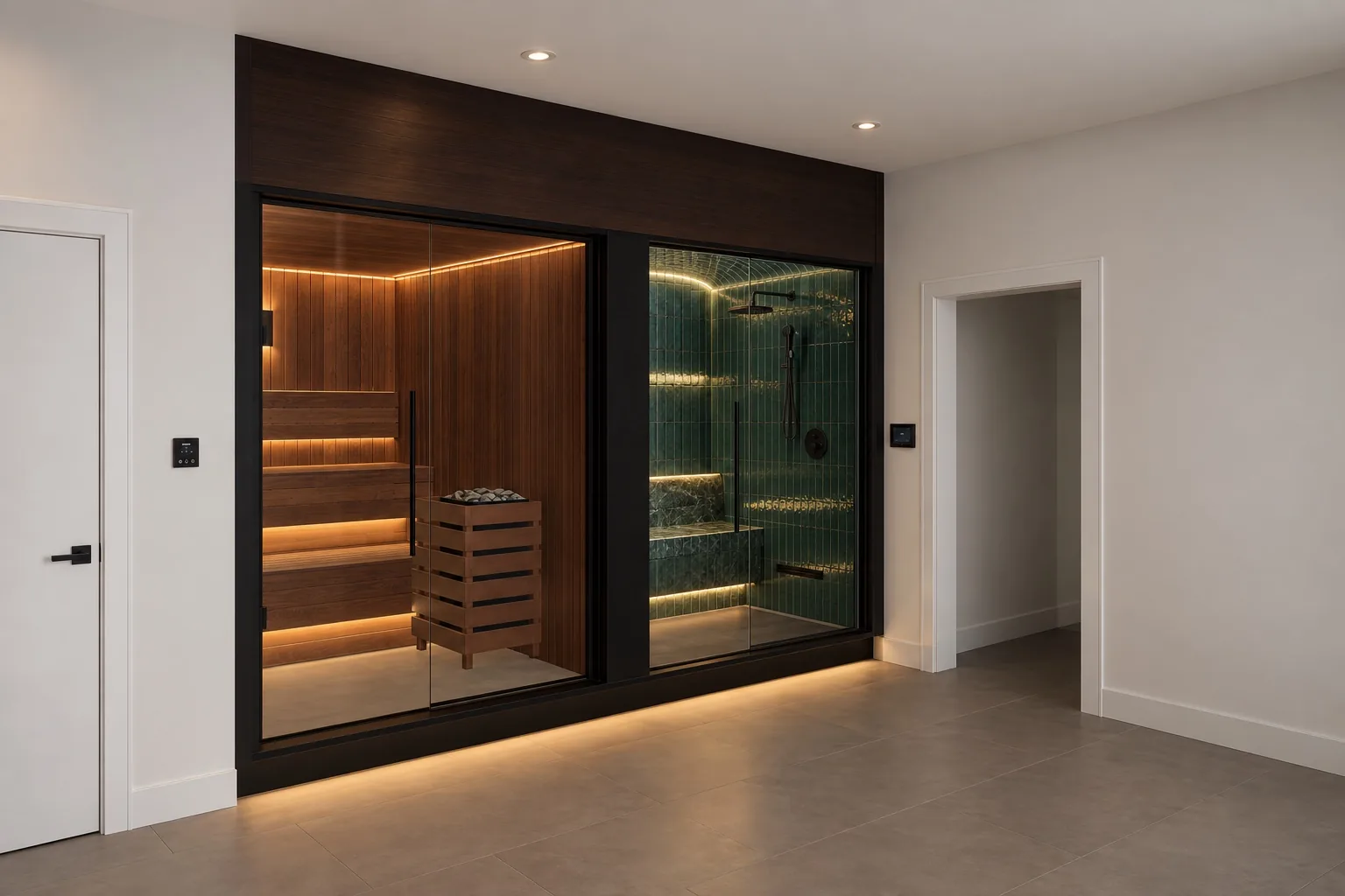 Design of a walnut sauna beside a green tiled steam room, both behind one glass front in a finished basement