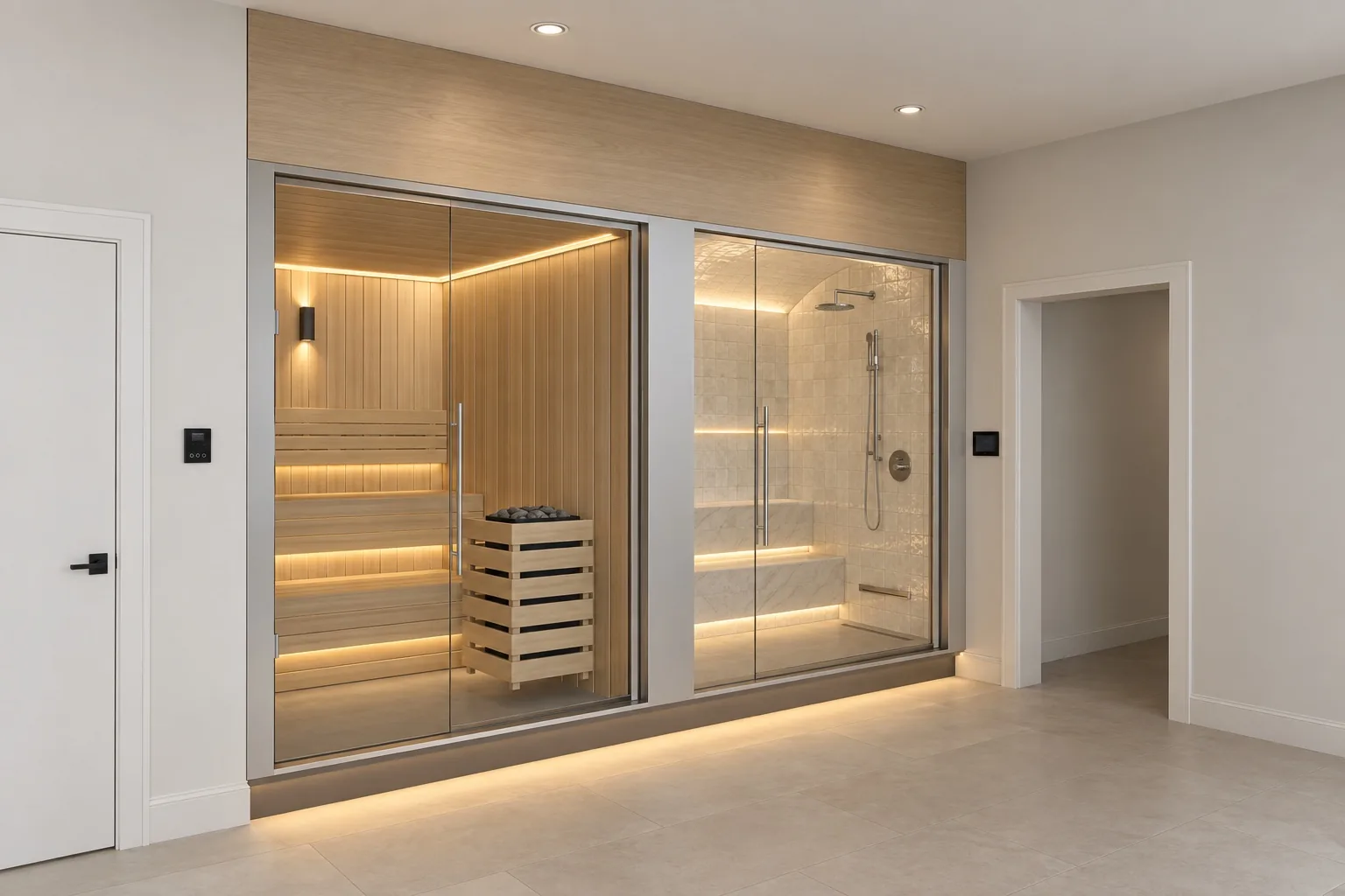 Design of a pale aspen sauna beside a light stone steam room, both behind one glass front in a finished basement