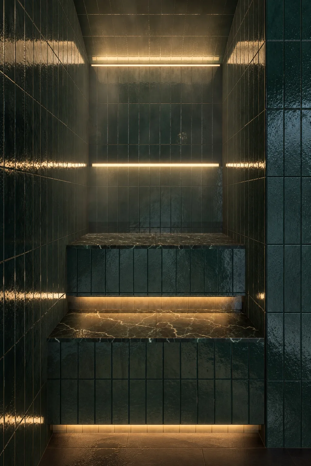 Design of a steam room interior in green glazed tile: two marble-topped benches with light under each and warm light lines along the walls